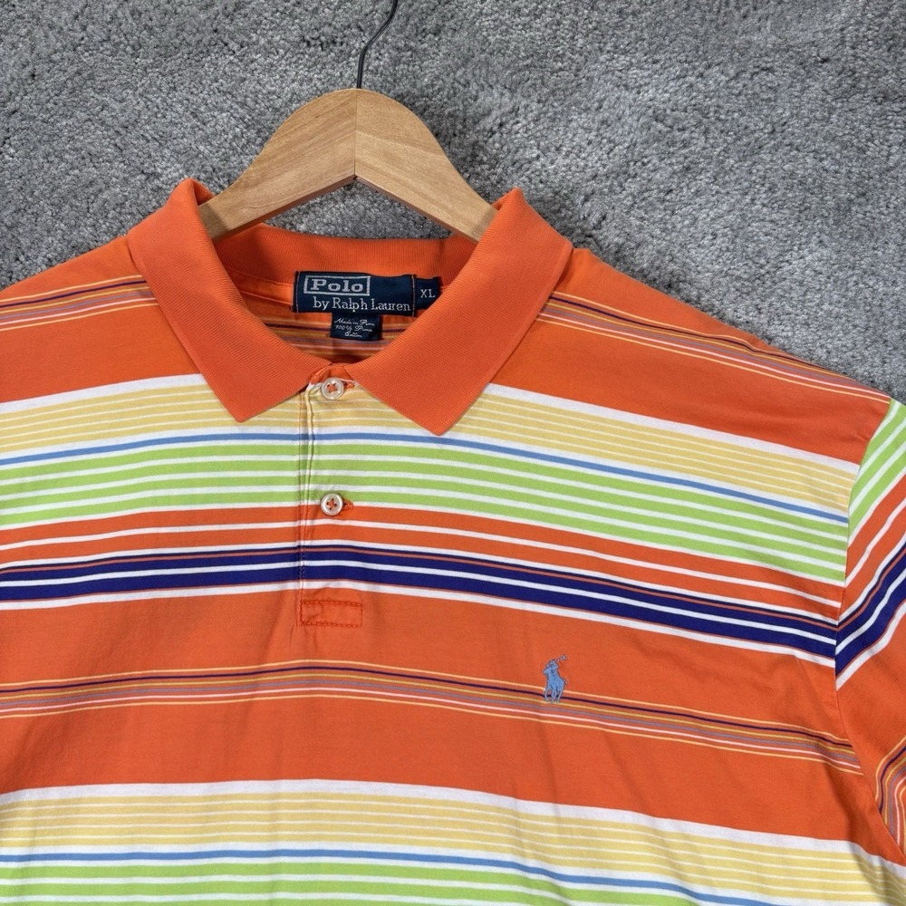 Vintage Polo Ralph Lauren Polo Shirt Men XL Orange Striped 100% Pima Cotton Golf